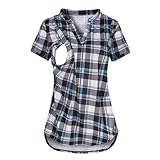 Damen Stillshirt Umstandsmode T-Shirt V-Ausschnitt Bluse Umstandstop Umstandsshirt Schwangerschaft Kleidung Stilltop Langarmshirt Basic Oberteil Langarm Tops Lurze Ärmel Kariertes Hemd (02-Blue, XL)