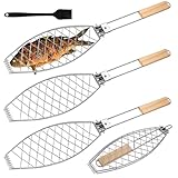 3 x Fischbräter, Edelstahl Fisch Grillhalter mit Holzgriff, 62 x 12 cm Fischgrillgitter, Fischzange zum Grillen, Fischhalter für Grillkorb Fischbräter, Faltbar, Tragbar Fischgrillzange, Silber
