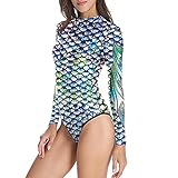 dPois Damen Meerjungfrau Badeanzug Langarm Schwimmanzug mit 3D Fischschuppe Druck UV-Schutz Sommer Bademode Badebekleidung für Schwimmen Surfen Bunt S/M