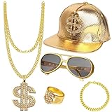 5 Stück Hip Hop Kostüm Set,Boombox Golden Baseball Cap Personalisiert Goldene Dollar Kette Brille Armband & Ring,Karneval Kostüm Herren 80er 90er Jahr Rapper Zubehör für Fasching Karneval (gold)