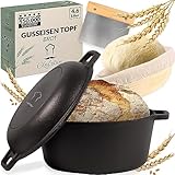Chefarone Gusseisen inkl. Gärkorb und Teigschaber. Topf Brot Backen. Brotbackform Mit Deckel 4.6L. 2-in-1 Brottopf zum backen 26CM. Robuster Brotbacktopf. Brotbackform Rund. Topf Gusseisen Brotbacken