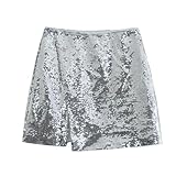 Generisch Pailletten Rock Damen Elegant Tüllrock Röcke Karneval Kostüm 50er Rockabilly Minirock Partykleid für Damen Glitzer Rock Tütü Faltenrock Unterrock Gutschein Silber M