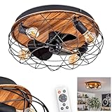 LED Deckenventilator Tourais, Ventilator aus Metall/MDF in Schwarz/Holzoptik, Deckenleuchte im Retro/Vintage-Design in Gitter-Optik, Lichteffekt u. Fernbedienung, Wohnzimmer, Schlafzimmer, Esszimmer