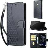 SATURCASE Hülle für Huawei P10 Lite, S-Cube PU Leder Flip Magnet Wallet Stand Kartenfächer Handschlaufe Schutzhülle für Huawei P10 Lite (BL-Schwarz)