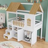 FEZTOY Etagenbett 90x200, Kinderbett Hochbett mit Kleiderschrank, Schuhschrank, Fenster, Rahmen aus Kiefer, Treppe, stabiles Geländer, Stockbett Spielbett, Ohne Matratze