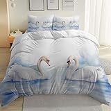 Aquarell Tiere Klassisch Schwäne Bettwäsche Set - Weich und Angenehm mit Reißverschluss Mikrofaser Bettbezug155 x 220 cm + 2 Kissenbezüge 65x65 cm,Weiß Weiche Tagesdecke mit Blumenmuster