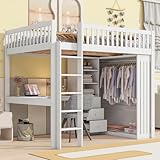 NNJN Hochbett, Schreibtisch, Kleiderschrank, 3 Schubladen, offener Stauraum, Geländer, Treppe, Ohne Matratze, Weiß (140 * 200cm)