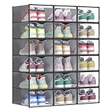 SONGMICS Schuhboxen, Schuh-Organizer aus Kunststoff, mit Tür, durchsichtig, 18er Set, stapelbar, einfache Montage, 33,2 x 23 x 14,5 cm, für Schuhe bis Größe 43, transparent-tintenschwarz LSP318B01