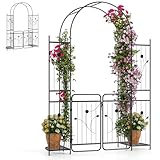 HOMASIS Rosenbogen mit Tür Metall, Gartenbogen stabil wetterfest, 3 in 1 Gartentor mit Rankgitter & 2 Blumenständer, Rankhilfe für Kletterpflanzen, Rosenspalier für Hochzeit, Garten, Partys, Schwarz