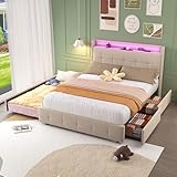 Generisch Doppelbett 140x200 cm, Polsterbett mit LED-Beleuchtung und 2 Schubladen, Stauraumbettgestell mit USB-Ladekopfteil und Ausziehbett, Hausbett für Jugendliche und Erwachsene, (ohne Matratze)