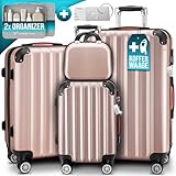 MONZANA® 4tlg. Kofferset mit Beautycase, Rose - M-L-XL - inkl. Schloss, Organizer & Kofferwaage - Gurt Gel-Griffe, Zwillingsrollen, Standfüße, Trolley, Reisekoffer, Hartschalenkoffer, Gepäck-Set