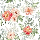 VEELIKE Pfirsich Rosa Blumentapete Selbstklebende Tapete Blumen Pfingstrosen Farn Aquarell Mustertapete 44.5cm x 300cm Fototapete Schlafzimmer Romantik Tapete Wohnzimmer Mieter Freundlich Abnehmbar