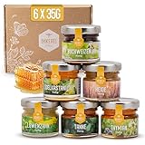 Imkerei Schell – Honig Geschenkset (6×35 g) Die Kräftigen - Honigset ideal zum Verschenken oder Probieren - Mini Honiggläser gefüllt mit Edelkastanienhonig, Tannenhonig, Heidehonig