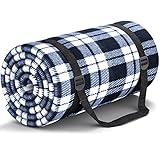 HUTHIM Picknickdecke 200x200cm, Stranddecke Wasserdicht Sandfrei Outdoor Decke Waschbar XXL Picknickdecken, Faltbar Strandmatte mit Schultergurt, ideal für Strand Park (Blaues-Weiß-Gitter)