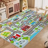 Capslpad Kinderteppich 100x160cm rutschfest Stadtplan Spielteppich Pädagogischer Spielteppich Maschinenwaschbar Kurzer Flor Autoteppich Kinder für Kinderzimmer Schlafzimmer Spielzimme Pastellblau