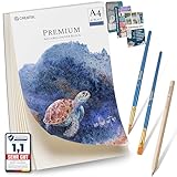 CreaTek Aquarellpapier A4 300 g Einschließlich 2-Stunden-Videokurs 30 Blatt Aquarellblöcke + 2 Pinsel + Bleistift + 400 Malvorlagen - Aquarellfarben Papier