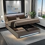 HNOUER Boxspringbett Polsterbett 160x200 cm mit LED und USB Aufladen,Doppelbett mit Stauraum,Bettgestell mit Lattenrost, Hydraulisch Stauraumbett,Beige,PU,Ohne Matratze (Beige-2, 160 x 200 cm)