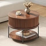 YITAHOME Couchtisch Rund, Couchtisch mit 2-stufigem Stauraum, Couchtische mit Schiebetüren im Tambour-Design für das Wohnzimmer, Couchtische aus Holz, Walnuss
