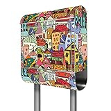 banjado® Standbriefkasten Edelstahl mit Zeitungsfach Motiv Funky Town/Briefkasten mit Standfuß/Edelstahl Briefkasten freistehend - A4 Einwurf inkl. 2 Schlüssel