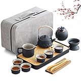 Japanisches Teeservice für 6, Schönes Tea Set Porzellan Chinesische Teekanne Set, 14 Stück Gongfu Teeservice, Tragbares Schwarzes Keramik-Teekannenset, Traditionelles Teekanne Teeservice aus Porzellan