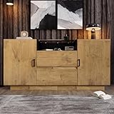 Yiscase Kommode Sideboard in Eichenoptik mit 2 Schubladen, 2 Schränken & offenem Fach, höhenverstellbare Einlegeböden, ESG-Glas, H70 x B140 x T40 cm