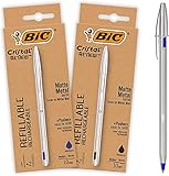 BIC Kugelschreiber Cristal Re'New Metall, 2 hochwertige, nachfüllbare Stifte, nachhaltig, in Blau und Schwarz mit je 2 Ersatzminen, Ideal für das Büro und Home Office, 1 Stück (2er Pack)