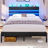 KIMENICH Bett 140X200 mit LED Beleuchtung, Bettgestell 140x200 Lattenrost aus Metall, Metallbett mit Ladestation, Holzkopfteil mit Stauraum, Stauraum unter dem Bett, Schlafzimmer, Schwarz