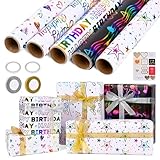 5 Rolle Geschenkpapier, Ambesty 43 x 300cm Geschenkpapier Geburtstag und 2 Rolle Band, Geschenkpapier Weihnachten, Geschenkverpackung Papier für Weihnachten, Kindertag, Valentinstag, Muttertag