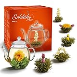 Creano Teeblumen Geschenkset - Erblühtee Frühjahrslese mit 500ml Glaskanne & 6x Weißer Tee - 7 teilig - Geschenk zu Weihnachten