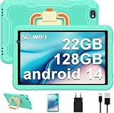 Android 14 Kinder Tablet 10 Zoll, 22GB RAM 128GB ROM(TF 1TB), 2.4G+5G WiFi6, 8000mAh, Widevine L1, 8 Kerne 2,0GHz, HD-Display 1280 x 800, Bluetooth 5.0, 360°EVA Case - Grün