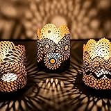ZEYA Teelichthalter schwarz Gold Metall, 3er Set, (H) 10,5 cm, Ø 8,5 cm, Windlicht Ornamente als attraktive Tischdeko mit 3 Motiven, Deko Wohnzimmer, Präsent zu Weihnachten