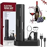 Elektrischer Korkenzieher, 6-in-1 Elektrischer Weinöffner Set, Automatische Flaschenöffner Wein mit Speicherbasis, Folienschneider, Vakuumpumpe und Weinausgießer,USB Wiederaufladbare Batterie
