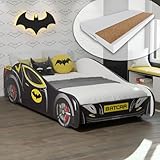 Kids Collective Autobett 80x160 cm Kinderbett Jugendbett mit Rausfallschutz & Matratze | Kinder Spielbett Batman Batmobil Bat Car Auto Bett in schwarz | von 3. bis 10. Lebensjahr