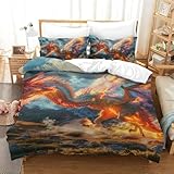 VFKLZCNYR 3D, bedruckt, Feuerfeuer-Pterosauru, Bettwäsche, Mikrofaser, super weich und atmungsaktiv, 3-teilig, mit Kissenbezügen für Einzelbett (140 x 200 cm)
