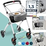 maxVitalis Wohnungsrollator 54cm breit, faltbar und leicht, inkl. Tablett & Stoffkorb, Rollator schmal für die Wohnung, Indoor-Rollator, klappbar, Aluminium,Mobilität für Zuhause weiß