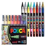 POSCA uni-ball 186516 - POSCA Marker mit feiner Rundspitze, 16er Set, Grundfarben