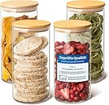 Praknu Vorratsgläser mit Deckel Luftdicht [4er Set - 1200 ml] - Glasbehälter mit Holzdeckel - Vorratsdosen Glas für Lebensmittel & Küche – Müsli Aufbewahrung - Aufbewahrungsgläser - Food Storage Glass