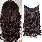 Silk-co Haarverlängerung mit Gummiband, Einstellbar Secrets Haarteil Synthetik, Extensions mit Schnur unsichtbar, Gewellt Extensions für Frauen, Dunkelbraun, 50cm