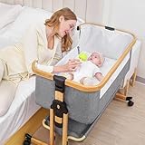 RICUTON Baby Stubenwagen, 3 in 1 Nachttisch Krippe für Neugeborene, 6-fach höhenverstellbar & einfach zusammenklappbar & mit Moskitonetz & Aufbewahrungskorb & Rollen
