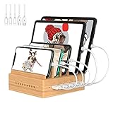 OthoKing Handy Ladestation USB Ladegerät mehrfach Ladestation für mehrere Geräte Smartphone für mehrere Handys aus Bambus mit 5 Kabel