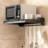 FREEUP Mikrowelle Regal Wand für Küche, Wand Mikrowellenhalter Regal Edelstahl, schwarz mikrowellenhalterung mit 6 Haken, Klebemontage oder Bohrmontage