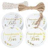 jijAcraft 100 Stück Kraftpapier Anhänger Rund【handmade with love】Geschenkanhänger 5cm mit Jute Schnur und goldweißes Seil Hangtag Anhänger Etiketten Tags für Flohmarkt Verpackten Hochzeitsdeko DIY