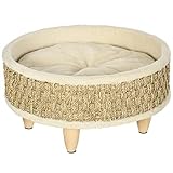 PawHut Erhöhtes Haustiersofa, Luxus katzensofa mit waschbarem Kissen, Haustierbett Hundeliege mit Seegrasseil und Holzbeine, Hundecouch, Rund, Indoor, Beige+Khaki, 48 x 48 x 24,5 cm