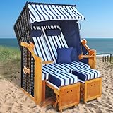 BRAST® Strandkorb Rügen Deluxe | für 2 Personen | 120cm breit | 5 Designs | inkl. wetterfeste Abdeckhaube | verstellbare Rückenlehne weiches Fußkissen | Blau/Hellblau/Weiß - gestreift