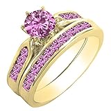 Damen-Braut-Verlobungsring-Set aus 10 Karat Gelbgold, rund, im Labor hergestellter rosa Saphir (Größe 8), Künstlicher rosa Saphir, Gold, Erstellter rosa Saphir