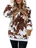 American Trends Damen Athletic Fuzzy Hoodies Sherpa Pullover Hoodie für Frauen Reißverschluss Oversized Plüsch Hoodie mit Taschen, Brauner Kuhdruck, S
