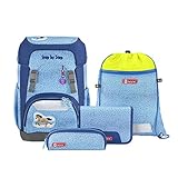 Step by Step Giant Schulranzen-Set „Wild Horse“, 5-teilig, blau, ergonomischer Tornister mit Reflektoren, höhenverstellbar mit Hüft- und Brustgurt, für Mädchen ab der 1. Klasse, 23 Liter