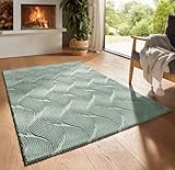 Taracarpet Kurzflor Boho Skandi Polyester Teppich in 3D Optik waschbar, pflegeleicht und robust ideal fürs Wohnzimmer, Schlafzimmer und Kinderzimmer auch als Badematte Grün Düne 120x170 cm