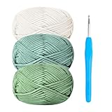 Häkelgarn Baumwolle Häkelwolle Chenille Wolle zum Häkeln 3 x 50g Häkelwolle mit Häkelnadel 4mm,Dickes Baumwoll-Nylon-Mischgarn Salbeigrün