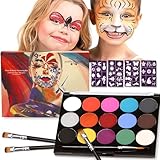 ZZQVI 15 Farben Schminkfarben Kinderschminke Set, Make-up & Gesichtsfarben, Waschbar Face Paint, Bodypaint Schminkset mit 4 Vier Tattoo-Vorlagen, Wasserlösliche Gesichtsfarbe für Kinder